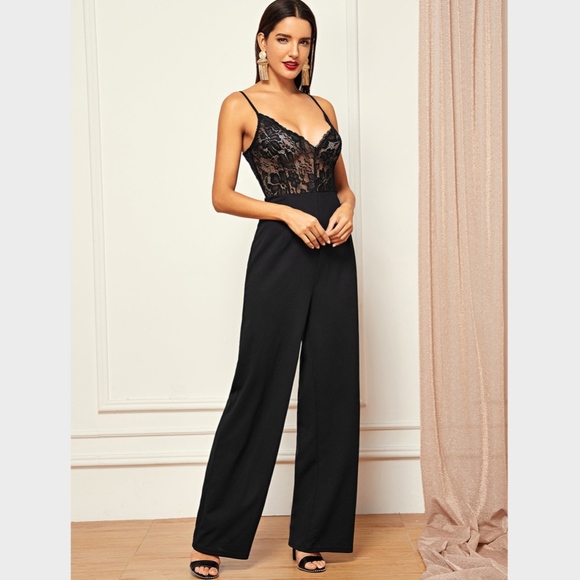 Lace Cami Bodice Straight Leg Jumpsuit Black - Picture 3 of 5